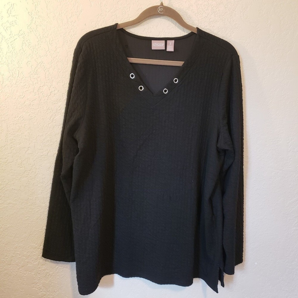 Chicos Size 3 Or XL/16 Black Soft Textured Tunic Metal Grommets